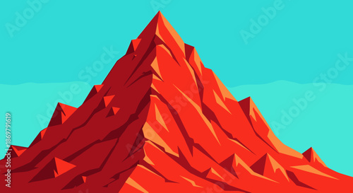 Stylized red mountain peak illustration with sharp angular facets and shadows under a clear blue sky representing outdoor adventure and travel.