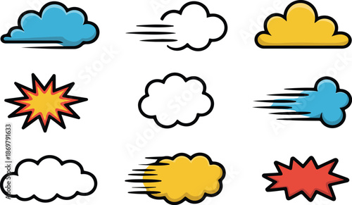 Cartoon Motion Cloud Outline Icon Set  Speed, Smoke, and Poof Effects