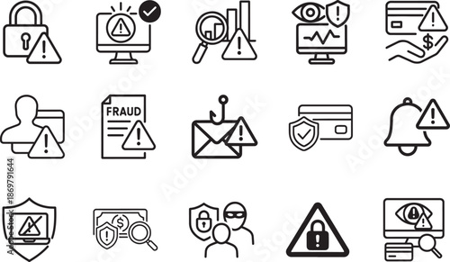   Fraud detection and alert icon set for security, warning, risk monitoring and financial protection.