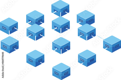 Blockchain network cubes illustration isolated on white background, blue connected nodes representing decentralized technology, cloud computing, data sharing systems
