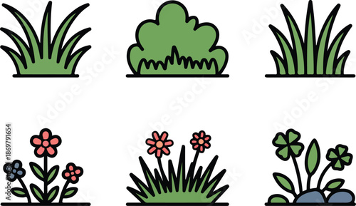 Garden & Meadow Outline Icon Se Grass Tufts, Bushes, and Lawn Plants