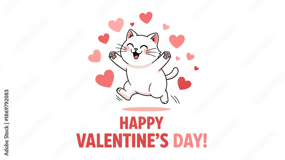 Fototapeta premium Happy Valentine’s Day Greeting with Cute Jumping Cat