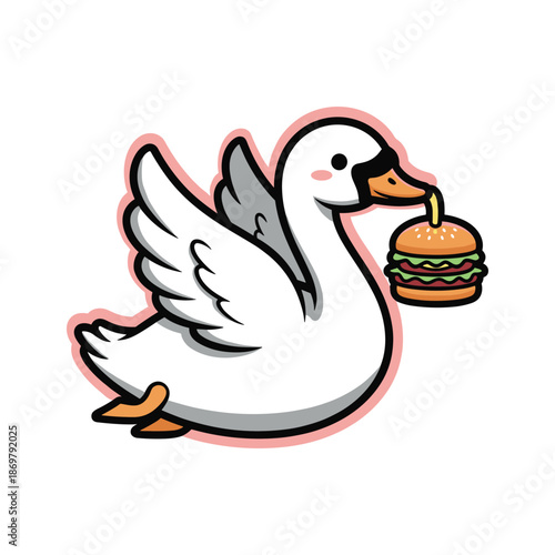 Hungry Goose Eating Burger Vector Illustration