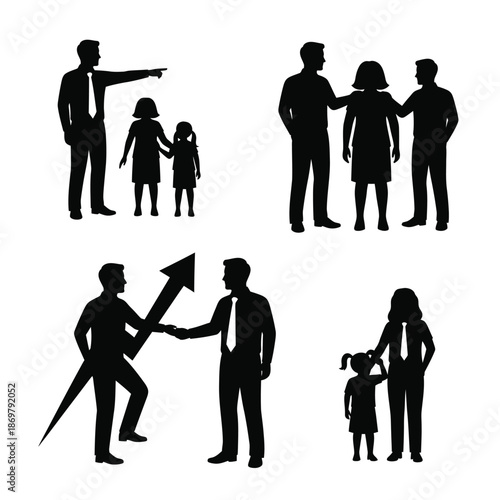 Business professionals and families in various interactions and environments