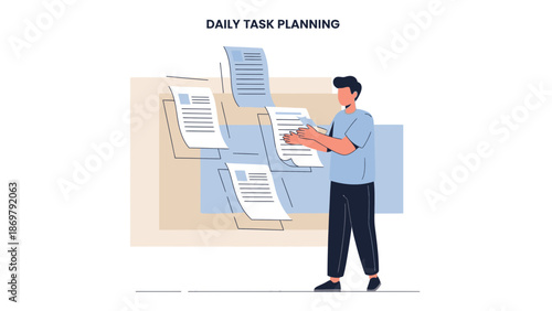 Man Planning Daily Tasks with Papers and Notes, Business Organization Concept