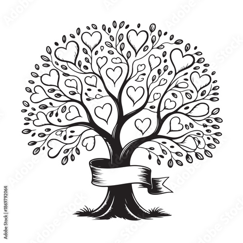 Romantic silhouette heart tree illustration for wedding invitation card or family love banner a symbol of life and family generations with ribbon banner vector
