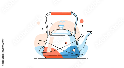 Contemporary illustration of a silver tea kettle with colorful abstract accents and steam representing home comforts.