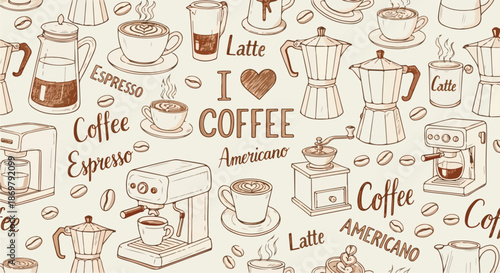 Hand drawn vintage sketch seamless pattern featuring various coffee makers espresso machines grinders and drink types on transparent background