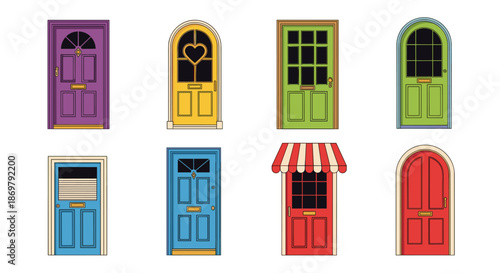 Selection of eight different house doors in various colors and architectural styles including arched and rectangular shapes.