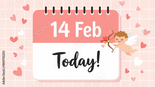 February 14 Today Calendar with Cupid – Valentine’s Day Reminder Illustration