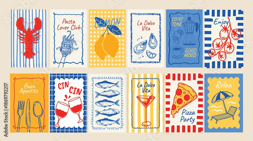 Hand drawn food poster vector set with doodle Mediterranean cuisine and text quote, La Dolce Vita style template featuring seafood, vegetables, pasta and drinks for cafe and social media design