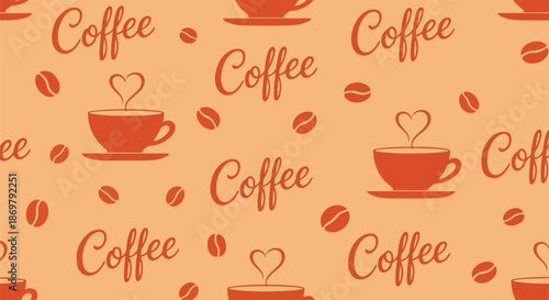Seamless repeating pattern featuring stylized coffee cups with heart-shaped steam and scattered roasted beans on transparent background