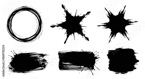 Collection of expressive black ink splatters and textured brush strokes on a white background for creative artistic design.