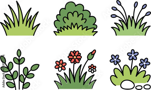 Garden & Meadow Outline Icon Se Grass Tufts, Bushes, and Lawn Plants