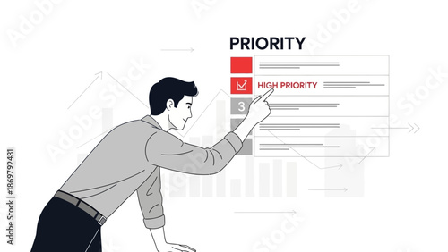 Man points to high priority task on a checklist with charts in background