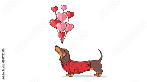 Cute Dachshund in Red Sweater with Heart Balloons