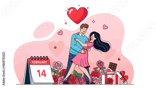Romantic Valentine’s Day Couple Dancing with Feb 14 Calendar, Roses, Gift Box, and Heart Balloon