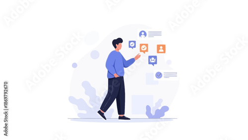 Man selecting profile options from digital interface, modern flat illustration
