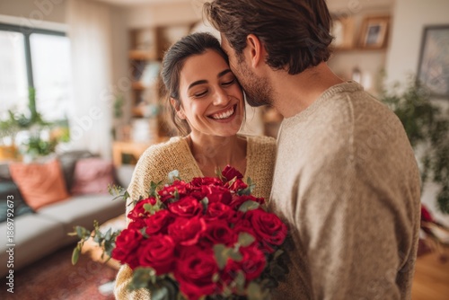 Valentine Day Romance Man Hands Red Rose Bouquet to Girlfriend