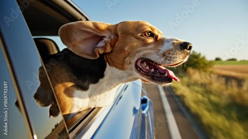 Wallpaper Mural Happy Beagle Dog Enjoying Car Ride, Head Out Window on Sunny Day Torontodigital.ca