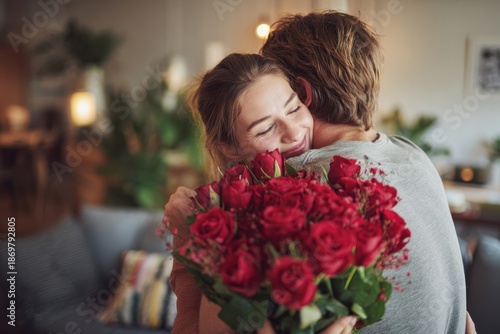 Romantic Man Presenting Red Rose Bouquet to Girlfriend on Valentine