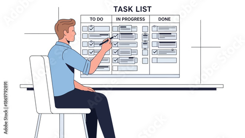 Man updating task list board, planning and organization concept