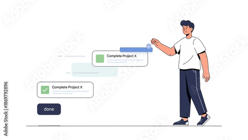 Man ticking off completed tasks on project progress bar, teamwork, project management