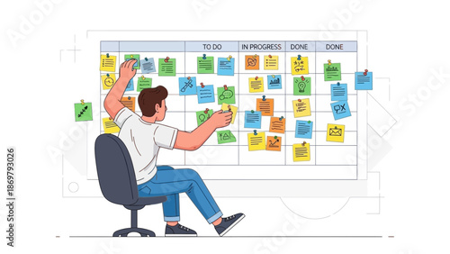 Man using Kanban board with sticky notes for project management and workflow organization