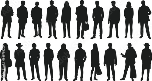 Business people silhouettes collection illustration isolated on white background, professional men and women standing poses for corporate teamwork concept design