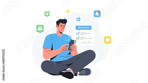 Man using smartphone for reminders and notifications, digital organization concept