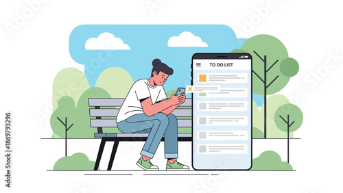 Man Using Smartphone To-Do List App While Sitting on Park Bench