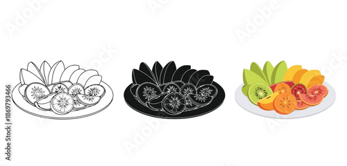 Fruit Platter Vector Set in Three Styles — Line Art, Silhouette and Color Version for Islamic Design, App UI, Posters and Branding