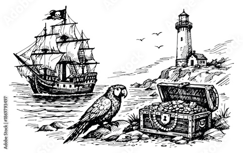Hand drawn line art illustration of a pirate island scene depicting a ship, parrot, treasure chest, and lighthouse for adventure and discovery themes