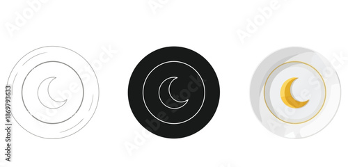 Minimalist Moon Phases Icons Vector Set in Three Styles — Line Art, Silhouette and Color Version for Islamic Design, App UI, Posters and Branding	
