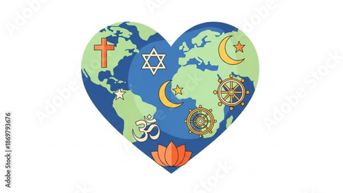 Heart shaped earth with diverse religious symbols representing global unity and harmony
