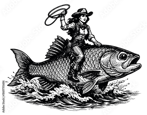 Hand drawn line art illustration of a cowgirl riding a fish depicting a western fantasy adventure for design projects