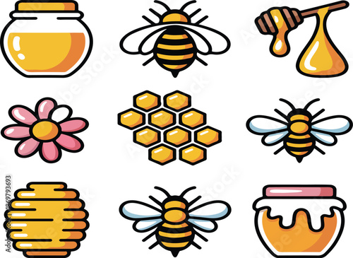 Honey & Bee Outline Icon Set Jar, Pot, Flowers, and Honeycomb