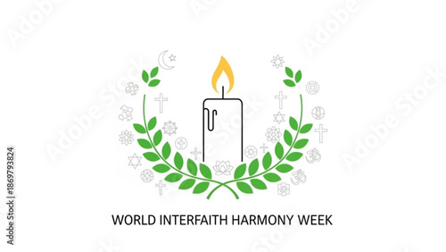 World interfaith harmony week symbol with candle and religious symbols in green leaves wreath