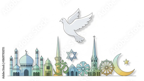 Dove flying over diverse religious buildings and symbols of peace unity with religion