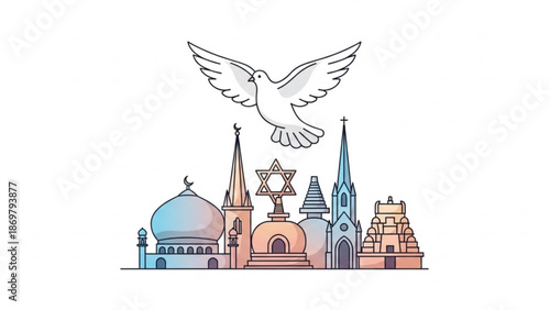 Dove flying over diverse religious buildings and symbols of peace unity with harmony
