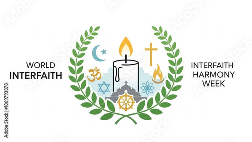 World interfaith harmony week logo with candle and religious symbols in laurel wreath