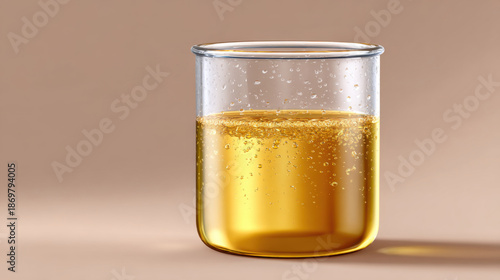 Golden liquid transparent beaker glass container effervescent bubble carbonated drink closeup amber color laboratory glassware macro minimalistic composition golden liquid transparent beaker with