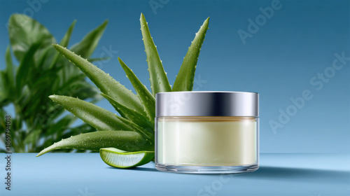 Aloe vera gel cosmetic jar skincare cream natural moisturizer plant leaf spa beauty fresh slice herbal cosmetic glass container blue background Aloe vera gel cosmetic jar skincare cream natural
