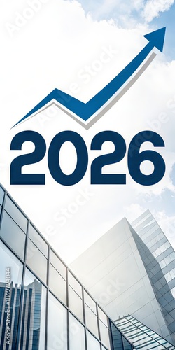2026 Business Growth Concept With Upward Arrow And Modern City Background, Future Finance Strategy, Corporate Forecast, Investment Planning, Economic Success, Company Vision, Copy Space