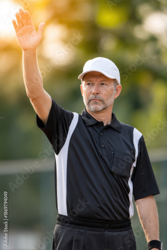 Tennis umpire referee gesture outdoor court uniform neutral face signal decision authority focused sunlight backlight summer sport