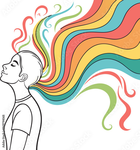 Vector illustration of a fashion woman with rainbow hair featuring a floral pattern and tribal swirl design for a summer beauty style