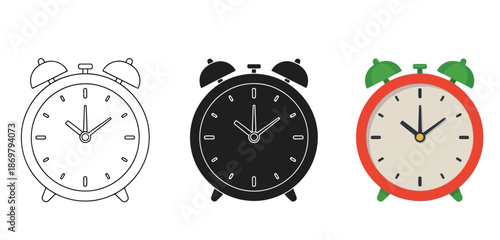 Alarm Clocks Vector Set in Three Styles — Line Art, Silhouette and Color Version for Islamic Design, App UI, Posters and Branding	