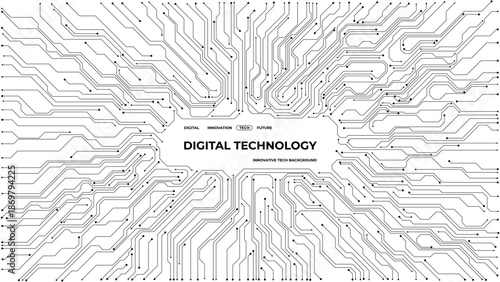 Electronic circuit background with microchip pattern and center area for text. Clean white tech illustration with digital lines and futuristic elements. Digital vector illustration