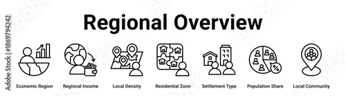 Regional Overview web banner icon vector illustration concept for business with icon of Economic Region, Regional Income, Local Density, Residential Zone, Settlement Type, Population Share.