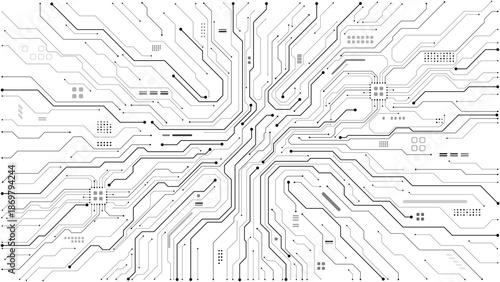 Circuit board pattern with intricate digital lines and electronic connections. White tech background featuring motherboard design elements and futuristic circuitry details. Digital vector illustration